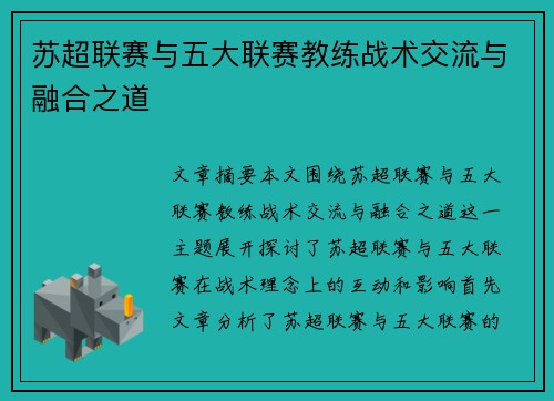 苏超联赛与五大联赛教练战术交流与融合之道