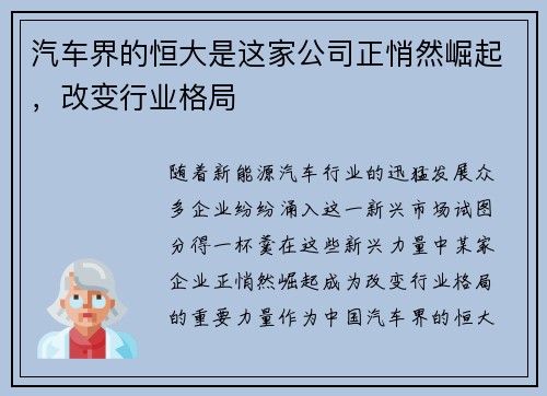 汽车界的恒大是这家公司正悄然崛起，改变行业格局